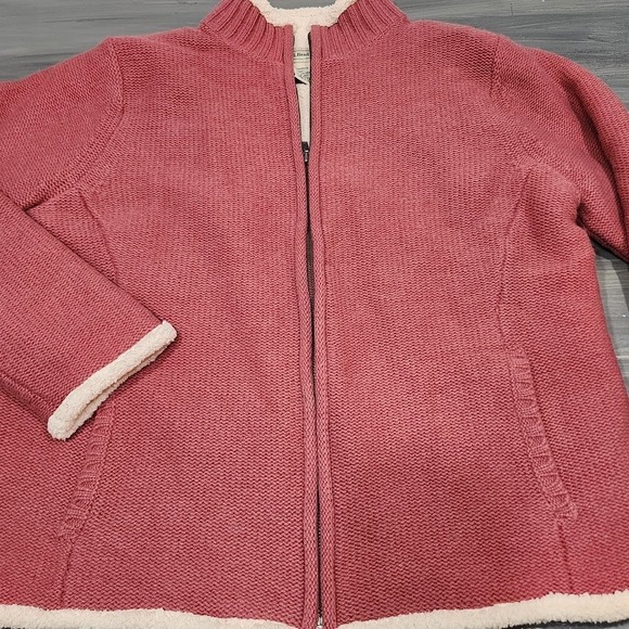LL Bean Sweater Jacket Lambs Wool Blend Rosey Pink Sherpa Lined Full Zip Large‎ - Picture 5 of 9